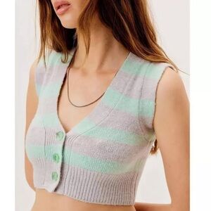 For Love & Lemons Maud Cropped Sweater Vest Mint/Gray Stripe NWT